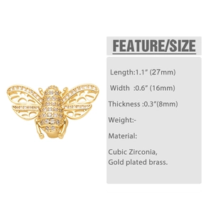 Macro shot of gold-plated bee charm with zirconia pave and detailed size specifications