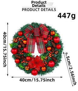 Christmas wreath details showing red berries, pine cones and a 40cm diameter size scale