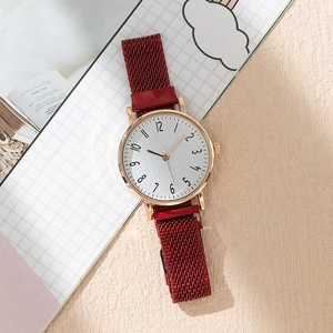 Elegant gold quartz watch with white dial and red magnetic mesh strap for women