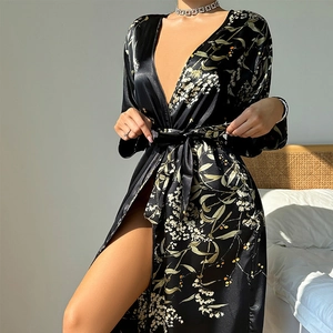 Elegant black floral satin bathrobe with deep V-neck and tie-waist in a luxurious style