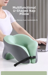 Close-up of U-shaped memory foam travel pillow with adjustable buckle and two-tone fabric