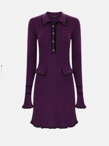 Elegant purple knit A-line dress with polo collar and gold buttons in a slim fit