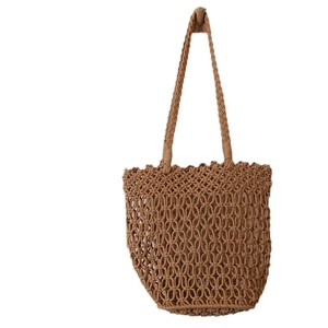 Minimalist camel hollow out cotton crochet tote bag for summer beach holidays