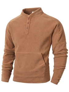Men's Slim Fit Polar Fleece Stand Collar Sweatshirt Long Sleeve Henley Neck Warm Casual Solid Color Top for Autumn Winter