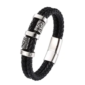 Bracelet En Cuir Tressé Pour Hommes Avec Perles En Acier Inoxydable Nœud Celtique Fermoir Magnétique Style Viking