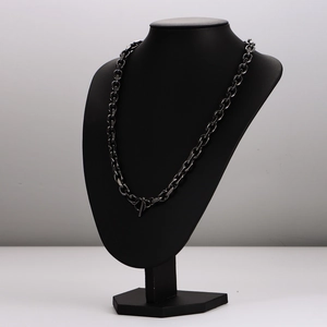 Polished stainless steel chunky link necklace with OT clasp on black display