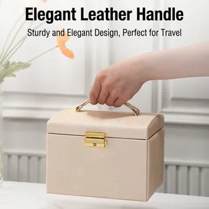 Portable double-layer PU leather jewelry box with handle and gold metal lock in beige