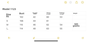 Tableau des tailles pour veste en fausse fourrure pour femme avec mesures détaillées