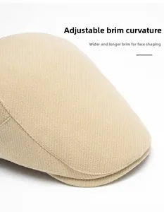 Detail of the khaki beret with a foldable wide brim for stylish face framing comfort