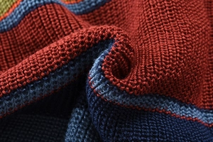 Close-up detail of multi-color thick knit fabric texture on men's winter sweater jacket