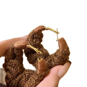 Vintage brown hand-woven wool hoop earrings with gold needles for women fashion style