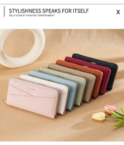 Litchi pattern faux leather long wallets shown in eight vibrant modern colors