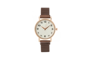 Detail view of quartz watch with rose gold case, white dial and brown mesh magnetic strap