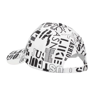 Detail of adjustable metal buckle and graffiti print on white cotton baseball cap