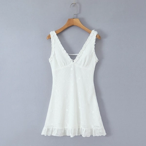 White lace mesh embroidered V-neck sleeveless dress with elegant ruffle hem details