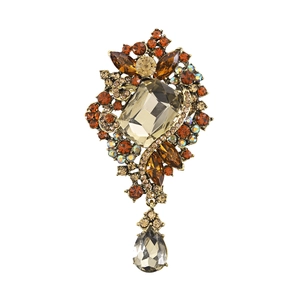 Luxury champagne crystal brooch with amber rhinestones and teardrop pendant in vintage gold