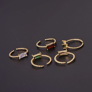 Adjustable gold open rings set with colorful rectangular zircons and beaded texture finish