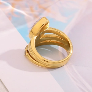 Detailed side view of 18K gold plated multi-layer ring with sparkling zircon crystals