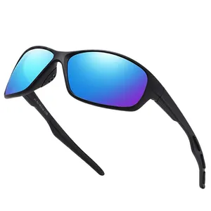 Polarized sports sunglasses with matte black frames and purple-blue gradient lenses
