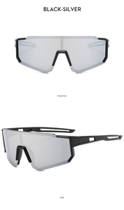 Front and side views of black cycling sunglasses with reflective silver mirrored lenses