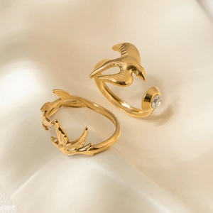 Elegant 18K gold-plated bird open rings with sparrow motifs and sparkling zircon accents