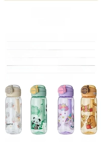 Detail view of cartoon kids water bottles with straw specifications and colorful animal designs