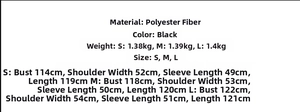Detail view of the heavy polyester fabric texture on a long black woolen coat with belt