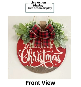 Close-up of Merry Christmas wooden wreath with buffalo plaid bow and greenery decor