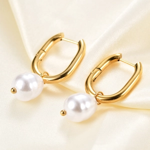 Stainless Steel U-Shaped Hoop Earrings With Imitation Artificial Pearl Pendants Elegant Geometric Fashion Jewelry For Women