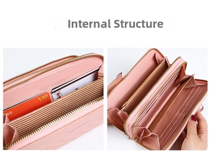 Internal structure of a pink long zip wallet with multiple card slots and striped lining