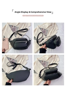 Vues détaillées d'un sac bandoulière en cuir PU noir avec plusieurs zips et bandoulière chaîne