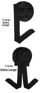 X-large black satin bonnet with wide tie bands showing front and back views