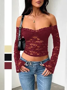 T-Shirt En Dentelle Épaules Dénudées Manches Longues Crop Top Y2K Sexy Coupe Cintrée Motif Floral Transparent Pour Femmes