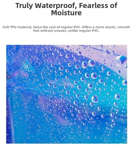 Macro detail of waterproof iridescent TPU fabric with water droplets on purple surface