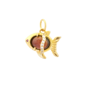 Detail of 18K gold fish pendant featuring brown oval gemstone and zircon accents