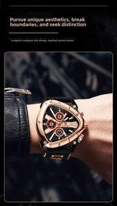 Close-up of LIGE men's watch with rose gold triangle case and black silicone strap