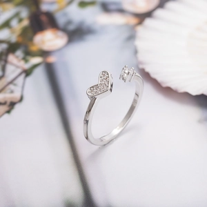 Adjustable silver heart zircon open ring featuring sparkling pave and solitaire crystals