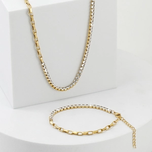 18K gold-plated stainless steel jewelry set with sparkling rhinestones necklace and bracelet