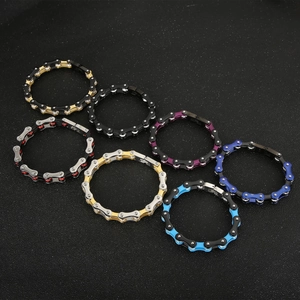 Men's stainless steel bicycle chain bracelets in seven diverse metallic color combinations