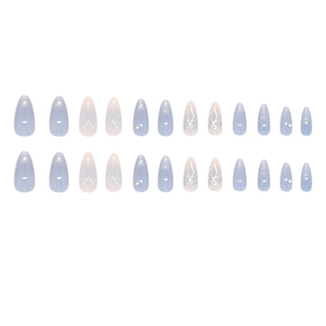 Blue and purple cat eye press-on nails with ribbon design and sparkling crystals