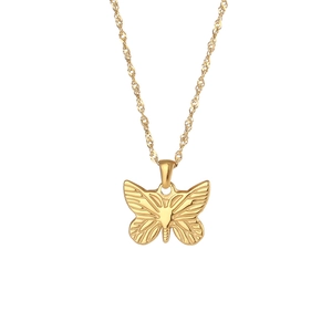 Elegant gold stainless steel necklace with a detailed butterfly pendant on white background