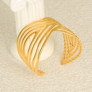 Hollow Multi Layer Wide Cuff Bracelet Stainless Steel Adjustable Open Geometric Irregular Statement Bangle For Women