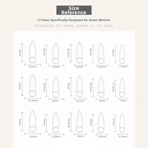 Guía de tallas para uñas postizas stiletto con medidas detalladas para 12 variantes