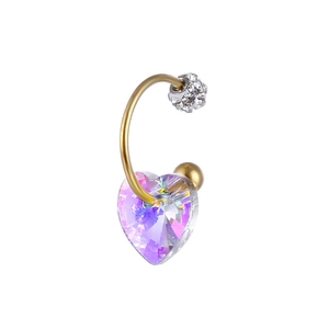 Golden belly ring with sparkling zircon ball and aurora heart-shaped crystal pendant