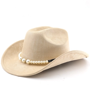 Detail of khaki suede cowboy hat featuring a decorative white pearl band and stitching