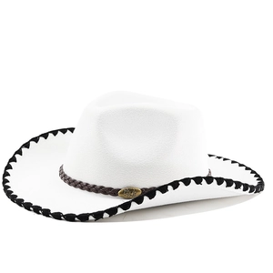 Classic white wool felt western cowboy hat with black stitched brim and bull emblem