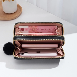 Black wavy embroidered long wallet with double zippers, plush pompom and large capacity