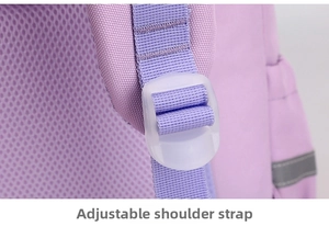 Detail of adjustable purple shoulder straps with breathable mesh and reflective strips