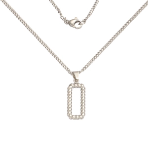 Macro shot of silver titanium steel rectangle pendant with twisted rope texture and clasp