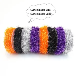 Colorful Halloween tinsel garland set in orange, black, silver and purple on spools